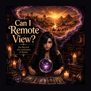 May include: An illustration featuring a woman with long black hair and blue eyes, gazing at a glowing crystal ball. The image includes tarot cards, candles, and the text "Can I Remote View?" with a desert landscape background.
