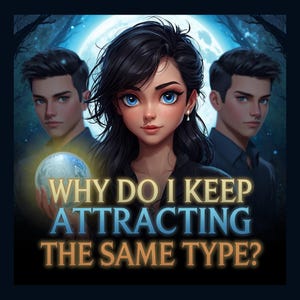 May include: Digital art featuring a woman with blue eyes and black hair, flanked by two men. The woman holds a glowing orb. Text on the image reads: "WHY DO I KEEP ATTRACTING THE SAME TYPE?" The background includes a full moon and trees.