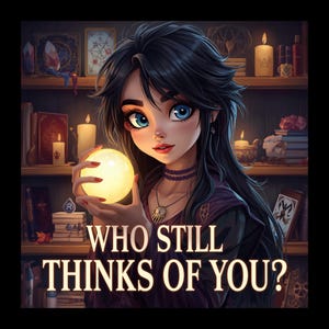 May include: Digital illustration of a young woman with long black hair and blue eyes holding a glowing orb. The image includes the text "WHO STILL THINKS OF YOU?" and is set against a backdrop of bookshelves, candles, and mystical items.