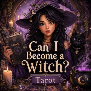 Könnte beinhalten: Eine digitale Illustration einer Person mit violettem Hexenhut, die ein Buch mit der Aufschrift Grimoire hält, dazu eine schwarze Katze, ein dampfender Kessel, der Text Can I Become a Witch? Tarot, eine brennende Kerze und violette Kristalle.