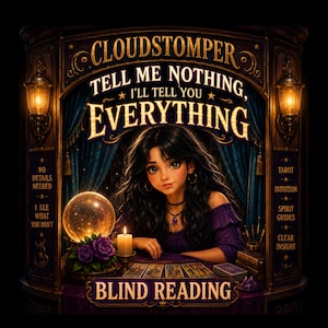 May include: A digital illustration featuring a person with long dark hair in a purple top behind a table with a glowing crystal ball, a lit candle, and tarot cards. Text reads: CLOUDSTOMPER, TELL ME NOTHING, I'LL TELL YOU EVERYTHING, and BLIND READING.