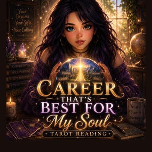 May include: Digital art of a woman holding a glowing orb with the words "Career That's Best For My Soul" and "Tarot Reading." The image includes tarot cards, candles, and text such as "Your Dreams" and "Soul Purpose."