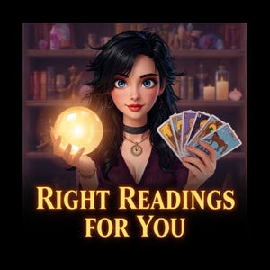 Op de afbeelding: Digitale illustratie van een vrouw met zwart haar en blauwe ogen die een gloeiende kristallen bol en tarotkaarten vasthoudt. De afbeelding heeft de tekst "RIGHT READINGS FOR YOU" in gouden letters.