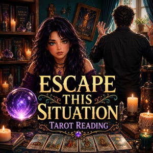 Op de afbeelding: Een persoon met donkerpaars haar zit voor een gloeiende paarse kristallen bol en zes tarotkaarten op een tafel. De tekst ESCAPE THIS SITUATION TAROT READING staat in het midden. Kaarsen, boeken en een ingelijste Toren-tarotkaart zijn zichtbaar.