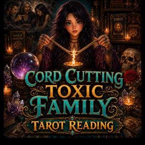 Peut inclure: Une illustration numérique montrant une personne effectuant un rituel avec une corde brûlante au-dessus d'une bougie. Le texte indique CORD CUTTING TOXIC FAMILY TAROT READING. La scène inclut une boule de cristal, un crâne, des livres et des cristaux.