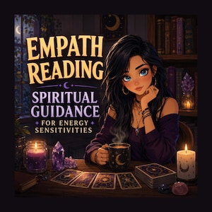 May include: An illustration of a woman with long black hair, blue eyes, and a purple top, holding a mug with a crescent moon design. The image includes tarot cards, crystals, and candles, with the text "EMPATH READING SPIRITUAL GUIDANCE FOR ENERGY SENSITIVITIES."