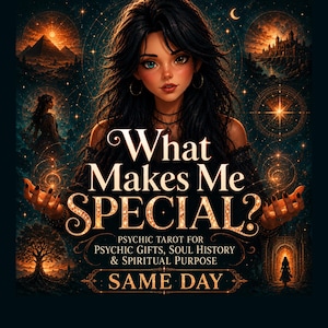 May include: Digital art featuring a woman with long black hair and green eyes, surrounded by celestial imagery. The text reads "What Makes Me SPECIAL?" with additional text about psychic tarot and spiritual purpose. The image has a dark, mystical theme.
