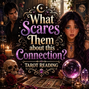 May include: A digital illustration featuring a man and a woman with the text What Scares Them about this Connection? TAROT READING. The scene includes a glowing purple crystal ball, tarot cards, a human skull, candles, and crystals.