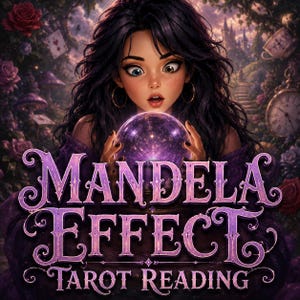 Peut inclure: Une illustration numérique montrant une personne aux cheveux sombres regardant une boule de cristal violette lumineuse. Le texte "MANDELA EFFECT TAROT READING" est affiché en grandes lettres violettes ornées au bas de l'image.