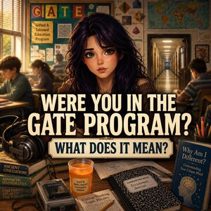 Könnte beinhalten: Eine digitale Illustration mit einer Person mit dunklem Haar in einem Klassenzimmer. Der Text lautet: WERE YOU IN THE GATE PROGRAM? WHAT DOES IT MEAN? Die Szene umfasst Bücherstapel, einen Kassettenrekorder, ein Getränk und ein Notizbuch.
