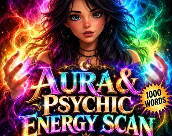 May include: A digital illustration featuring a person with dark hair and heterochromia, surrounded by swirling rainbow-colored energy. The text reads AURA & PSYCHIC ENERGY SCAN and 1000 WORDS, set against a vibrant, glowing background.