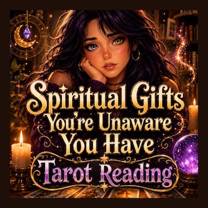 May include: A digital illustration featuring a person with long dark hair and heterochromatic eyes, one blue and one amber. The text reads: Spiritual Gifts You're Unaware You Have Tarot Reading. Candles, a crystal ball, and tarot cards are visible.