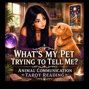 Op de afbeelding: Illustratie van een vrouw en een golden retriever. De vrouw, met donker haar en een paarse top, kijkt naar de hond. Tekst luidt "WHAT'S MY PET TRYING TO TELL ME?" met "ANIMAL COMMUNICATION TAROT READING" eronder.