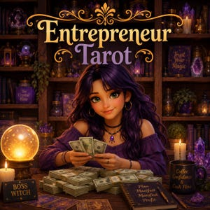 Peut inclure: Une illustration numérique intitulée Entrepreneur Tarot montrant une personne aux longs cheveux violets portant un haut violet et tenant des billets de banque. La scène inclut une boule de cristal lumineuse, des liasses de billets, un mug avec le texte Coffee Confidence & Cash Flow et un panneau indiquant BOSS WITCH.