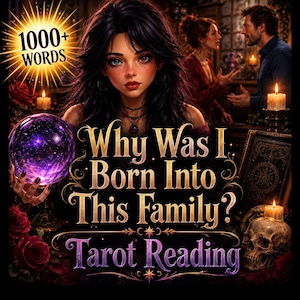 Può includere: Una copertina di libro con una persona dai capelli scuri che tiene in mano una sfera di cristallo viola luminosa. Il testo recita 1000+ WORDS, Why Was I Born Into This Family?, e Tarot Reading. Sono visibili un teschio, rose rosse e una coppia.