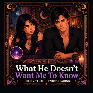 Op de afbeelding: Digitale kunst met een man en een vrouw aan een tafel met tarotkaarten en een kristallen bol. De tekst luidt "What He Doesn't Want Me To Know" met "Hidden Truth" en "Tarot Reading". Mystiek thema.