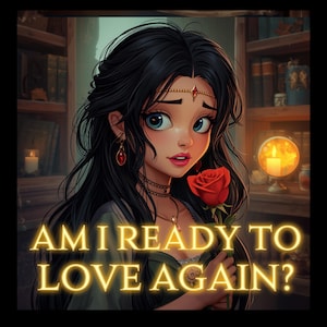 Op de afbeelding: Illustratie van een vrouw met lang zwart haar, die een rode roos vasthoudt. De afbeelding bevat de tekst "AM I READY TO LOVE AGAIN?" in een gloeiend gouden lettertype. De vrouw heeft blauwe ogen en draagt een groene en witte jurk.
