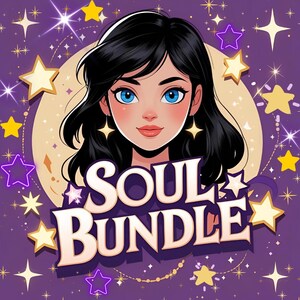 Op de afbeelding: Illustratie van een vrouw met zwart haar en blauwe ogen, met sterrenoorbellen, tegen een paarse achtergrond met sterren. De tekst "SOUL BUNDLE" is weergegeven in een gestileerd lettertype.