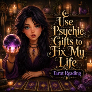 May include: A digital illustration of a person with dark hair wearing a purple top, holding a glowing purple crystal ball. Five tarot cards are laid out on a table. The text reads: Use Psychic Gifts to Fix My Life Tarot Reading. Candles and purple crystals surround the scene.