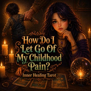 May include: An illustration featuring a woman with long dark hair, tarot cards, and a crystal ball. The text reads "How Do I Let Go Of My Childhood Pain?" and "Inner Healing Tarot."