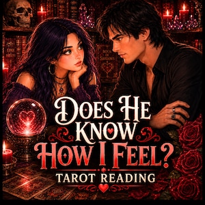 Op de afbeelding: Een digitale illustratie met een persoon met donkerpaars haar en een persoon met donker haar die tegenover elkaar staan. De tekst luidt Does He Know How I Feel? Tarot Reading. Een kristallen bol, rode rozen en tarotkaarten zijn zichtbaar.