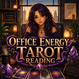 May include: A digital illustration featuring a person with long purple hair sitting at a desk with tarot cards, purple crystals, and a mug labeled 'FOCUS INTUITION SUCCESS'. Text reads 'OFFICE ENERGY TAROT READING' and 'CLEAR INSIGHT, BOLD DECISIONS, BETTER RESULTS'.