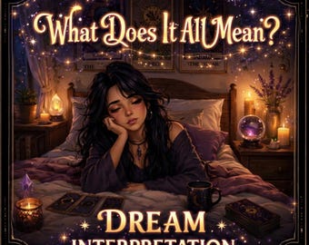 May include: A digital illustration featuring a person with dark hair resting on a bed, surrounded by tarot cards, a crystal ball, candles, and lavender. The text reads What Does It All Mean? and DREAM INTERPRETATION in glowing gold lettering.