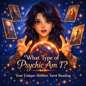 May include: Digital art featuring a woman with dark hair and green eyes, surrounded by tarot cards and a glowing orb. The text "What Type of Psychic Am I?" and "Your Unique Abilities Tarot Reading" are displayed.