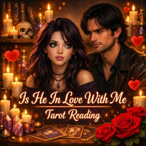 Op de afbeelding: Een digitale illustratie met een vrouw met donker haar en een man in een leren jas, omringd door brandende kaarsen, rode harten en kristallen. De tekst luidt Is He In Love With Me Tarot Reading, met tarotkaarten en rode rozen.