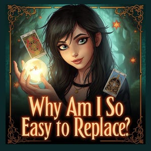 May include: Digital art of a woman with long black hair, holding a glowing orb and two tarot cards. The text "Why Am I So Easy to Replace?" is displayed in orange and white. The background features a forest scene.