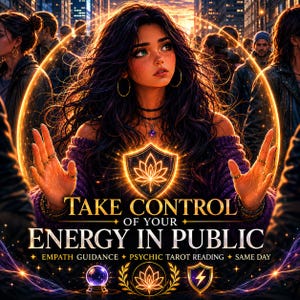 Op de afbeelding: Een digitale illustratie van een persoon met lang donker haar in een paarse trui, met gouden oorringen en ringen. De tekst luidt: TAKE CONTROL OF YOUR ENERGY IN PUBLIC, EMPATH GUIDANCE, PSYCHIC TAROT READING, SAME DAY, met een kristallen bol icoon.