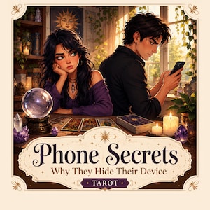 May include: An illustration featuring a tarot card theme. The image shows a woman and a man, a crystal ball, tarot cards, and the text "Phone Secrets: Why They Hide Their Device - Tarot."