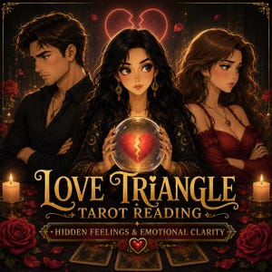 Op de afbeelding: Illustratie voor een tarot readingservice. De afbeelding toont drie mensen, een kristallen bol met een gebroken hart, kaarsen, rozen en de tekst "Love Triangle Tarot Reading". De achtergrond bevat een gebroken hart.