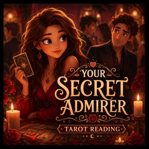 May include: An illustration for a tarot reading service. A woman in a red dress holds a tarot card, with the text "Your Secret Admirer Tarot Reading". A man looks at her. Candles and roses are in the scene.