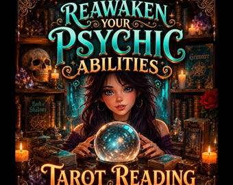 May include: A digital illustration featuring the text REAWAKEN YOUR PSYCHIC ABILITIES and TAROT READING. A person with dark hair sits behind a glowing crystal ball, surrounded by books, a skull, candles, and tarot cards in a dark, mystical setting.