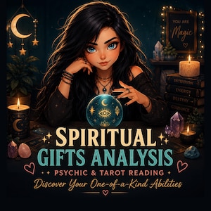 May include: Digital illustration featuring a woman with long black hair and blue eyes, gazing at a crystal ball. The image includes text that reads "SPIRITUAL GIFTS ANALYSIS" and "PSYCHIC & TAROT READING". Candles and crystals are also present.