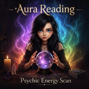 May include: An illustration of a woman with black hair and blue eyes, holding a glowing crystal ball. The image has the text "Aura Reading" and "Psychic Energy Scan". A lit candle and tarot cards are on the table.