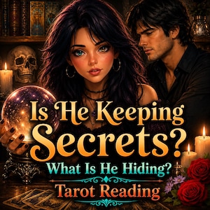 May include: A digital illustration featuring a person with dark hair holding a glowing crystal ball, with a man standing behind them. The text reads: Is He Keeping Secrets? What Is He Hiding? Tarot Reading. A skull, candles, and red roses are visible.