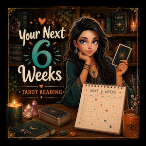May include: An illustration of a woman with long black hair holding a tarot card. The image includes the text "Your Next 6 Weeks Tarot Reading." A calendar labeled "Next 6 Weeks" is on the table, along with tarot decks, crystals, and a candle.