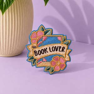 Book Lover Embroidered Iron On Patch, Floral Bookworm Patch