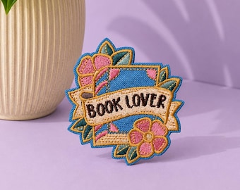 Book Lover Embroidered Iron On Patch, Floral Bookworm Patch