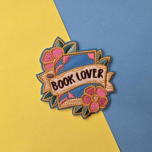 Book Lover embroidered Iron On Patch, iron on patch, book patch, cute, floral, book lover, bookworm, for jackets, for backpacks