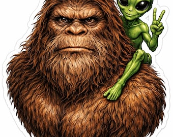 Bigfoot & Alien Vinyl Sticker – Funny Cryptid UFO Decal