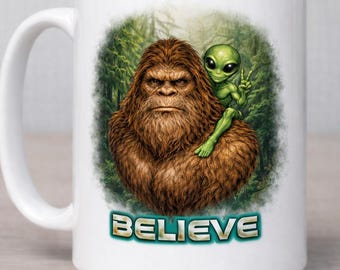 Believe Bigfoot & Alien Mug – 15 oz Funny Sci-Fi Sasquatch Coffee Cup