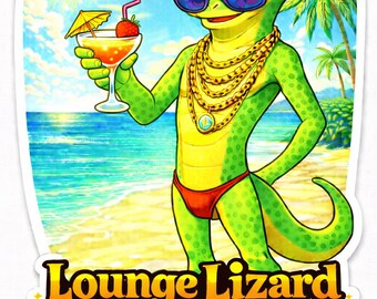 Lounge Lizard Sticker: Funny Beach Lizard, Cocktail, Sunglasses (Waterproof Vinyl)
