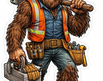 Bigfoot Construction Worker Sticker, Funny Sasquatch Builder Decal, Hard Hat Bigfoot