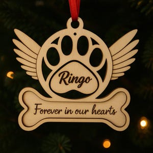 Personalized Pet Memorial Ornament • Custom Angel Wings Paw Print • “Forever in Our Hearts” Wooden Keepsake • Dog or Cat Loss Gift