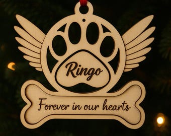 Personalized Pet Memorial Ornament: Angel Wings Paw Print, Wooden Dog Cat Loss Gift