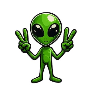 May include: A cartoon illustration of a green alien with large black eyes and a small smile. The alien is making a peace sign with both hands. The background is plain white.