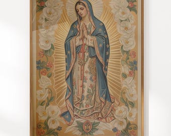 Virgin Mary Renaissance Style Framed Canvas Poster, Art Nouveau Catholic Icon, Christian Home Gift, Holy Mother Canvas Print,Church Wall Art